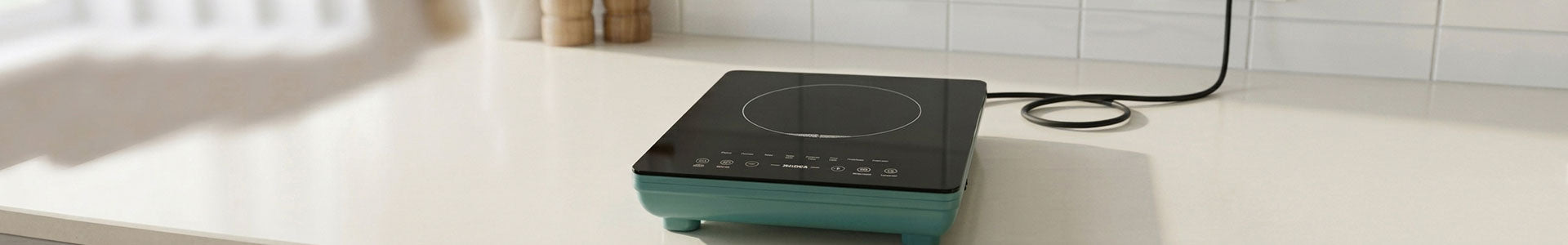A modern electric induction stove with a black glass cooktop and teal base sits on a white kitchen countertop.