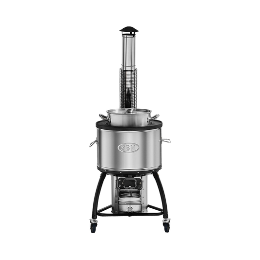 M55-2 institutional cookstove with a large-capacity pot, designed for high-volume meal preparation in schools, hospitals, or refugee camps.