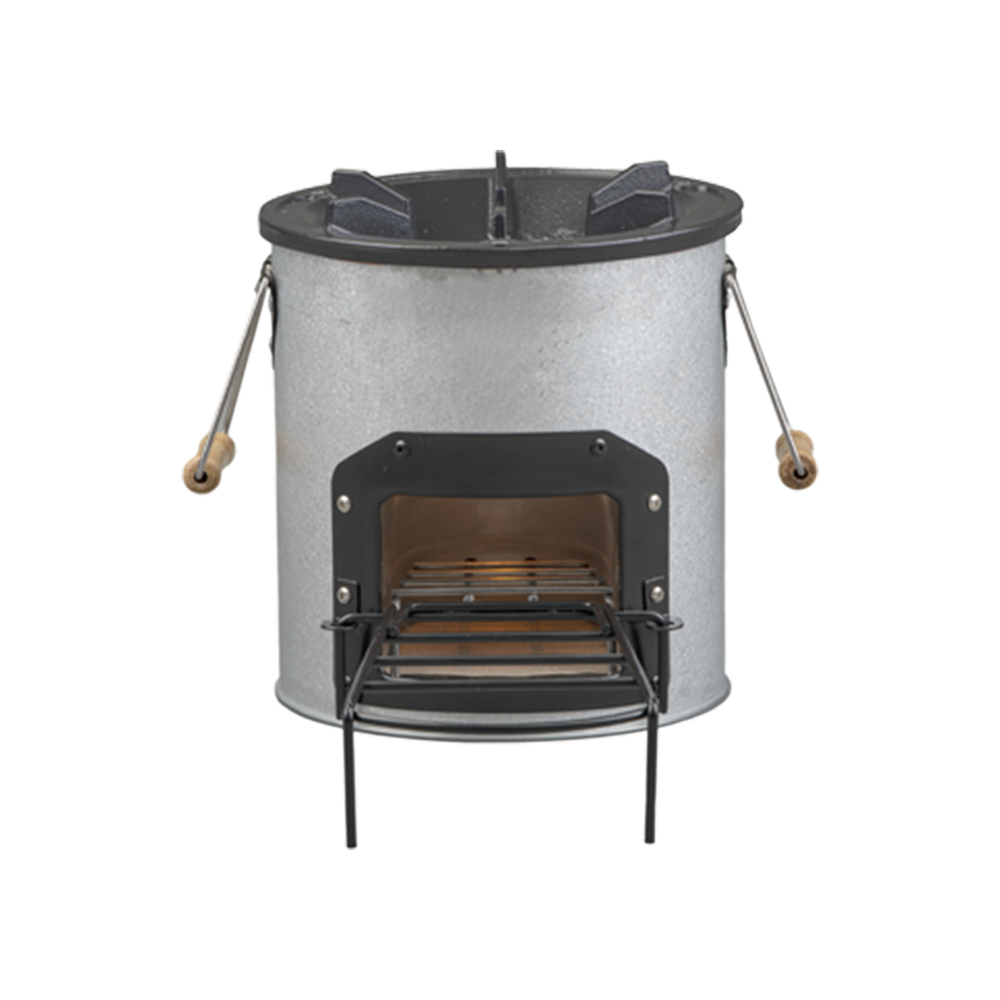 A front-facing view of the S24-11 firewood stove, showing the fuel loading door, sturdy carrying handles, and integrated support rack.