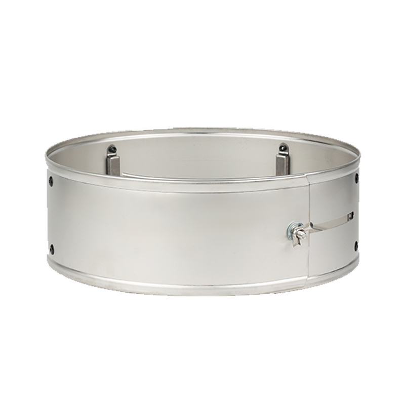 Stainless steel rocket stove pot skirt and power ring accessory with adjustable latch for outdoor camping stoves.