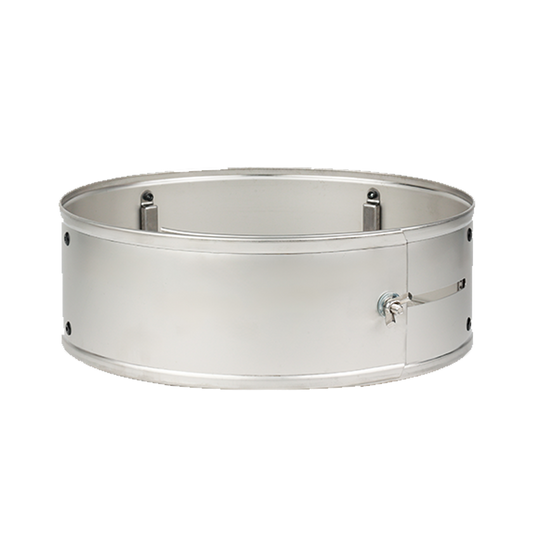 Stainless steel rocket stove pot skirt and power ring accessory with adjustable latch for outdoor camping stoves.