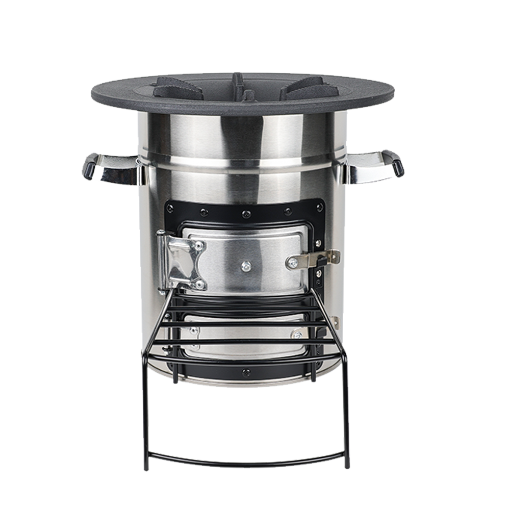Front view of the S32-23N lightweight stainless steel rocket stove, designed for portable outdoor, garden, and camping use with firewood or charcoal.