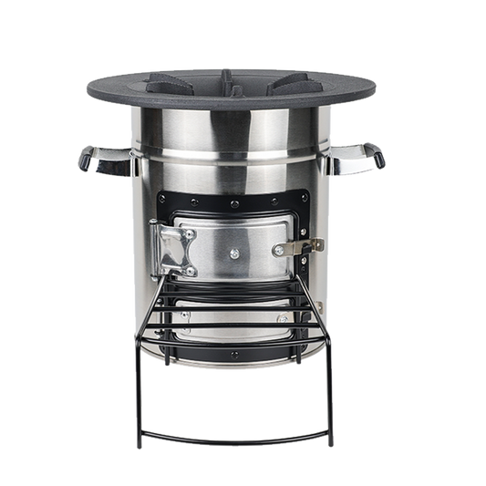 Front view of the S32-23N lightweight stainless steel rocket stove, designed for portable outdoor, garden, and camping use with firewood or charcoal.
