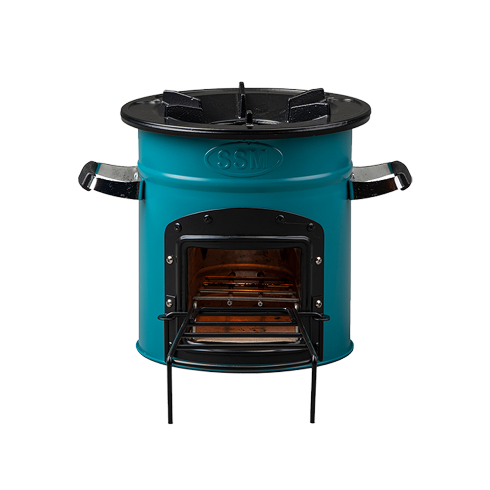 Front-facing view of the teal S26-13 clean cook wood stove, featuring the SSM brand, fuel loading door, and extended stick support rack for biomass fuel.