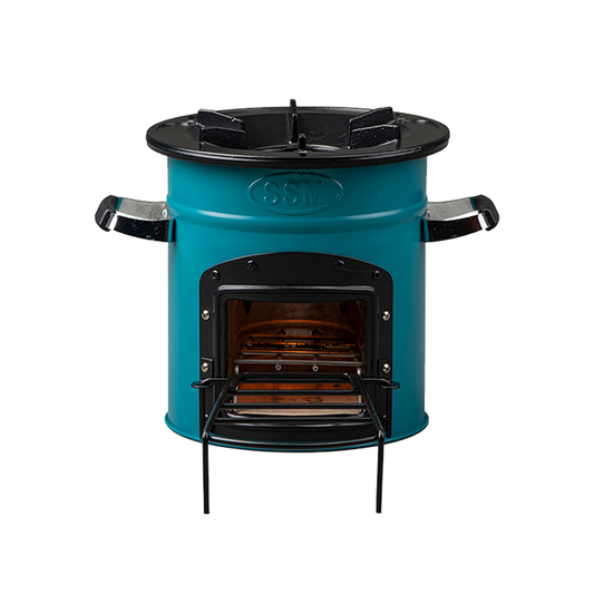 Front-facing view of the teal S26-13 clean cook wood stove, featuring the SSM brand, fuel loading door, and extended stick support rack for biomass fuel.