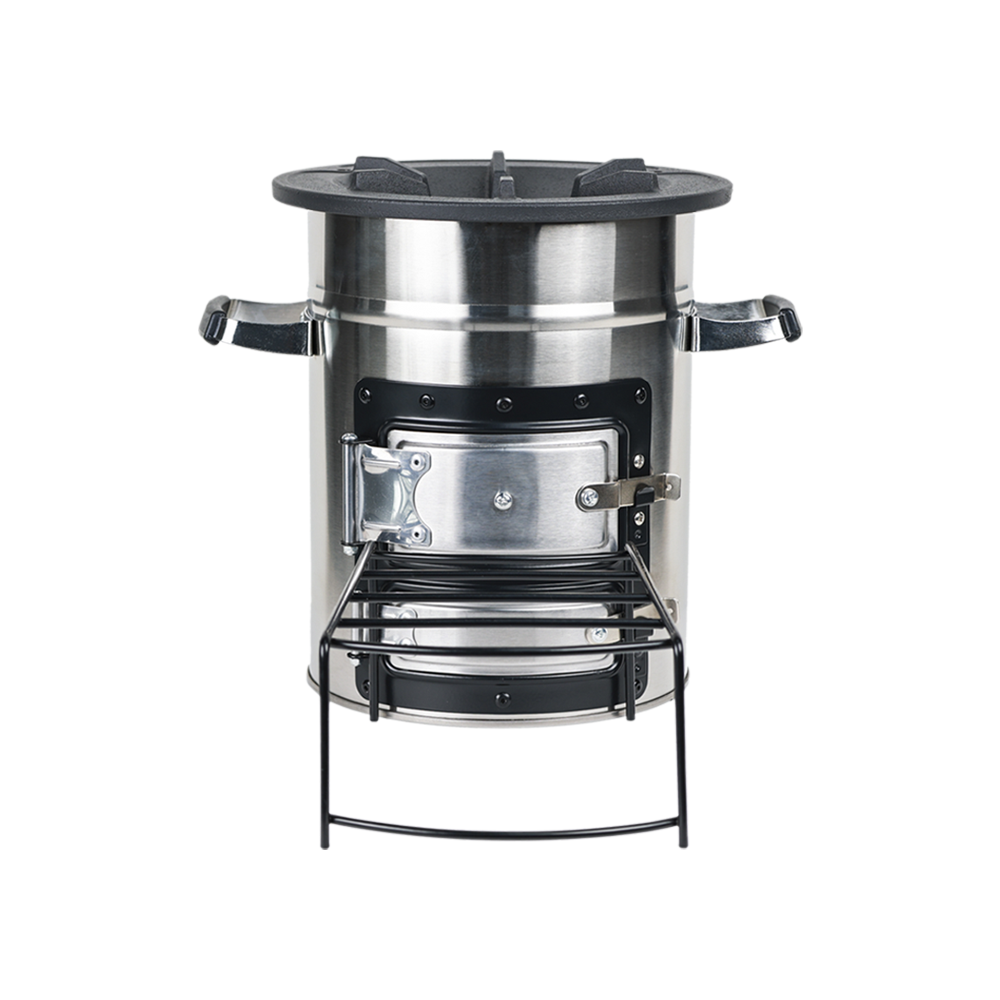 Front view of the S26-23N lightweight stainless steel rocket stove, designed for portable outdoor, garden, and camping use with firewood or charcoal.