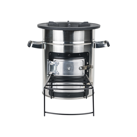 Front view of the S26-23N lightweight stainless steel rocket stove, designed for portable outdoor, garden, and camping use with firewood or charcoal.