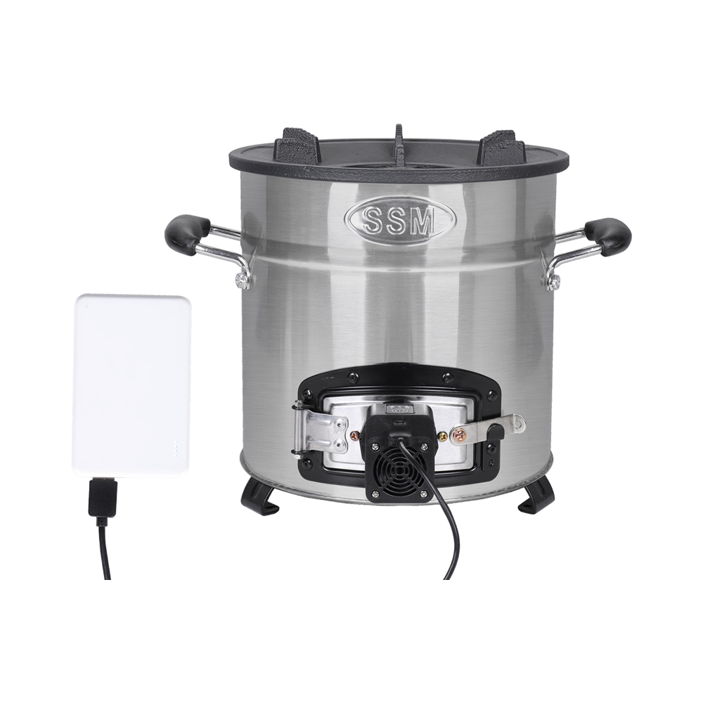 F-18 gasifier fan stove for efficient outdoor cooking, featuring a stainless steel body and integrated fan system.