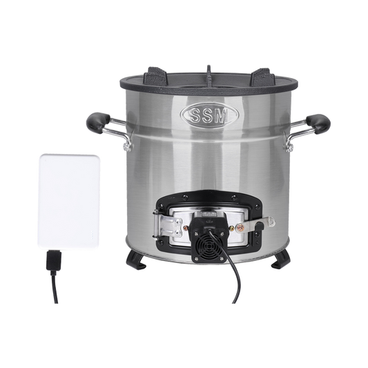 F-18 gasifier fan stove for efficient outdoor cooking, featuring a stainless steel body and integrated fan system.