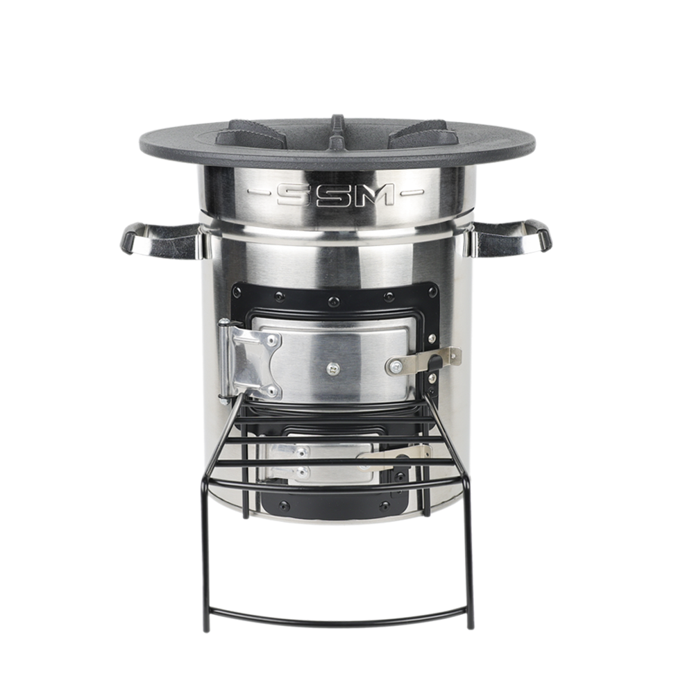 Front view of the S32-23 stainless steel clean cook stove, an environmentally friendly solution suitable for outdoor, garden, and camping use.