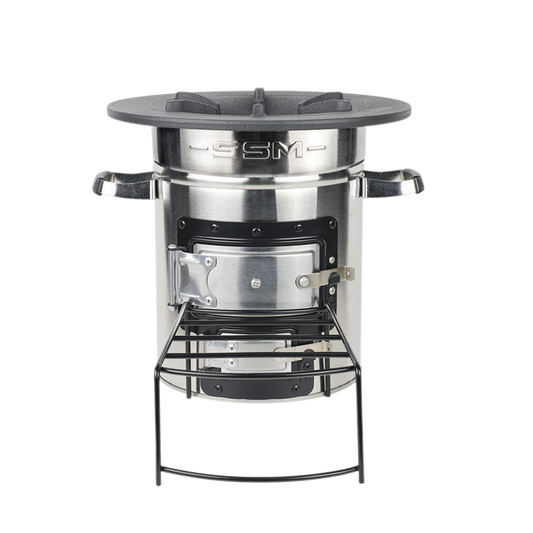 Front view of the S32-23 stainless steel clean cook stove, an environmentally friendly solution suitable for outdoor, garden, and camping use.