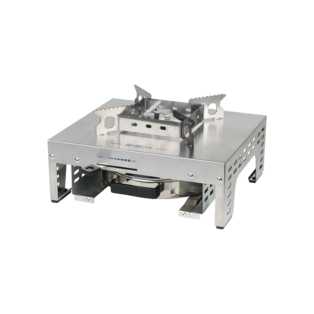 ES320 single burner stainless steel ethanol stove featuring a durable stainless steel body, top trivet, and pull-out burner canister with a black handle for clean cooking and humanitarian programs.