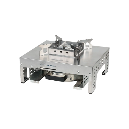 ES320 single burner stainless steel ethanol stove featuring a durable stainless steel body, top trivet, and pull-out burner canister with a black handle for clean cooking and humanitarian programs.