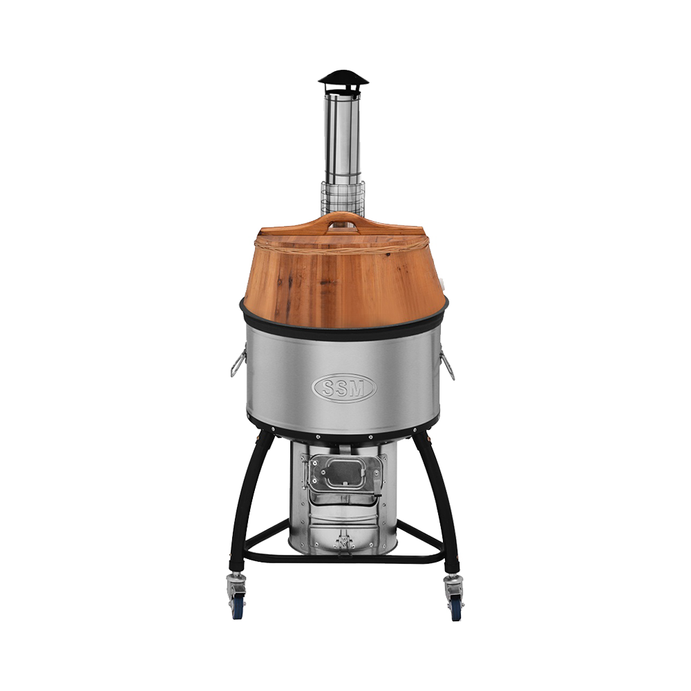 M55-1 heavy-duty rocket cookstove with a 50cm cast iron wok and 4-part stainless steel chimney, designed for institutional use.