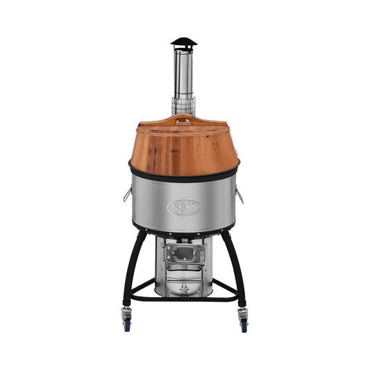 M55-1 heavy-duty rocket cookstove with a 50cm cast iron wok and 4-part stainless steel chimney, designed for institutional use.