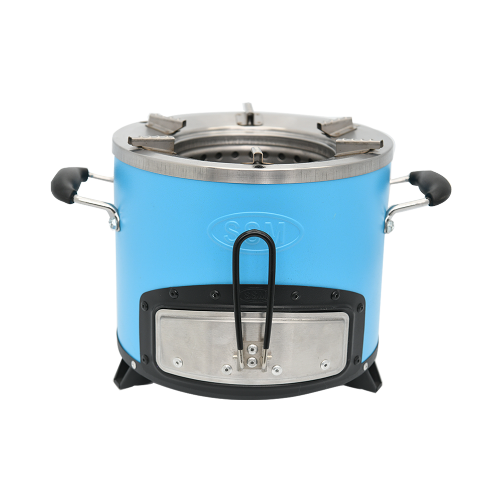 Blue C28-12 medium-sized clean cook charcoal stove with 46.6% thermal efficiency, featuring a portable, smokeless design and a stainless steel combustion chamber for extended durability.