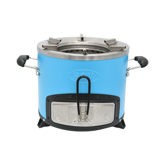 Blue C28-12 medium-sized clean cook charcoal stove with 46.6% thermal efficiency, featuring a portable, smokeless design and a stainless steel combustion chamber for extended durability.