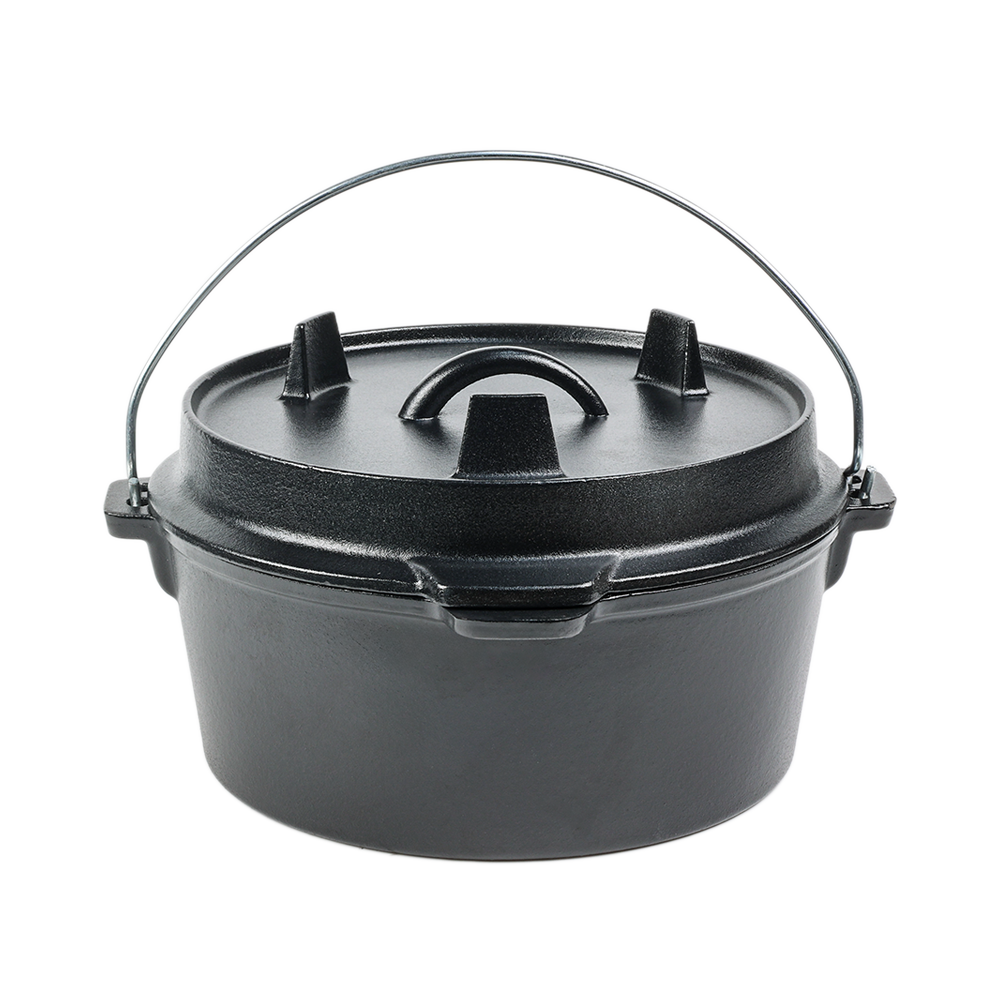 Pre-seasoned 2-in-1 cast iron Dutch oven with dual-purpose skillet lid and loop handles for outdoor camping cooking.