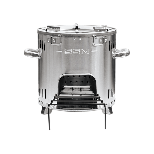 Front view of the S26-11E, a small, exquisite, and fuel-efficient clean cook stove made of stainless steel.