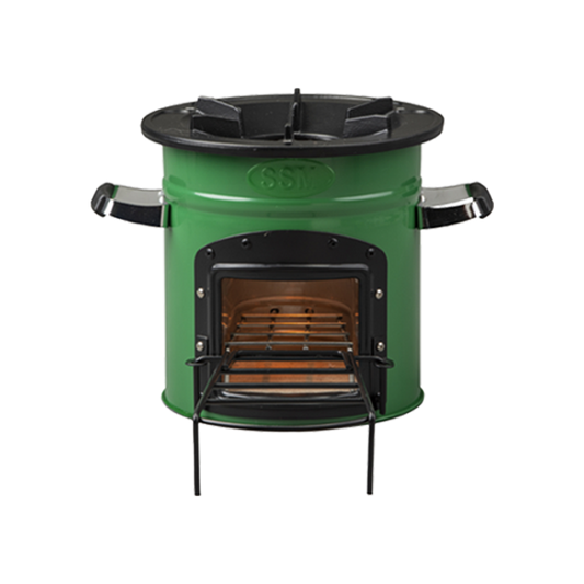 Front-facing view of the green S26-13 clean cook wood stove, showcasing the stick support rack designed to help firewood burn fully.