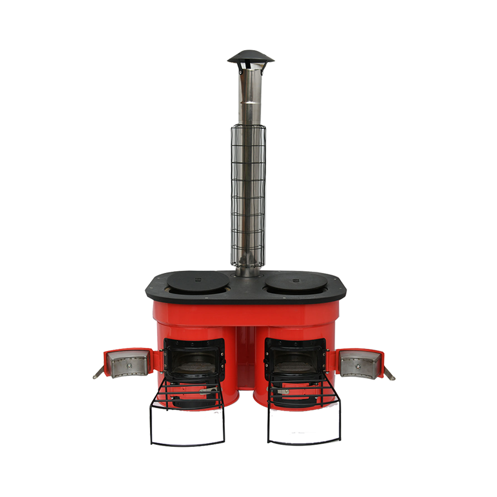 M45 Mexican Dual Stove with two insulated combustion chambers and a central chimney, designed for high thermal efficiency.