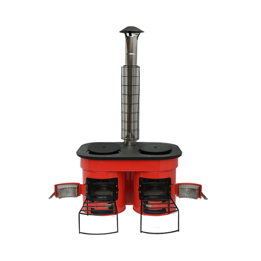 M45 Mexican Dual Stove with two insulated combustion chambers and a central chimney, designed for high thermal efficiency.