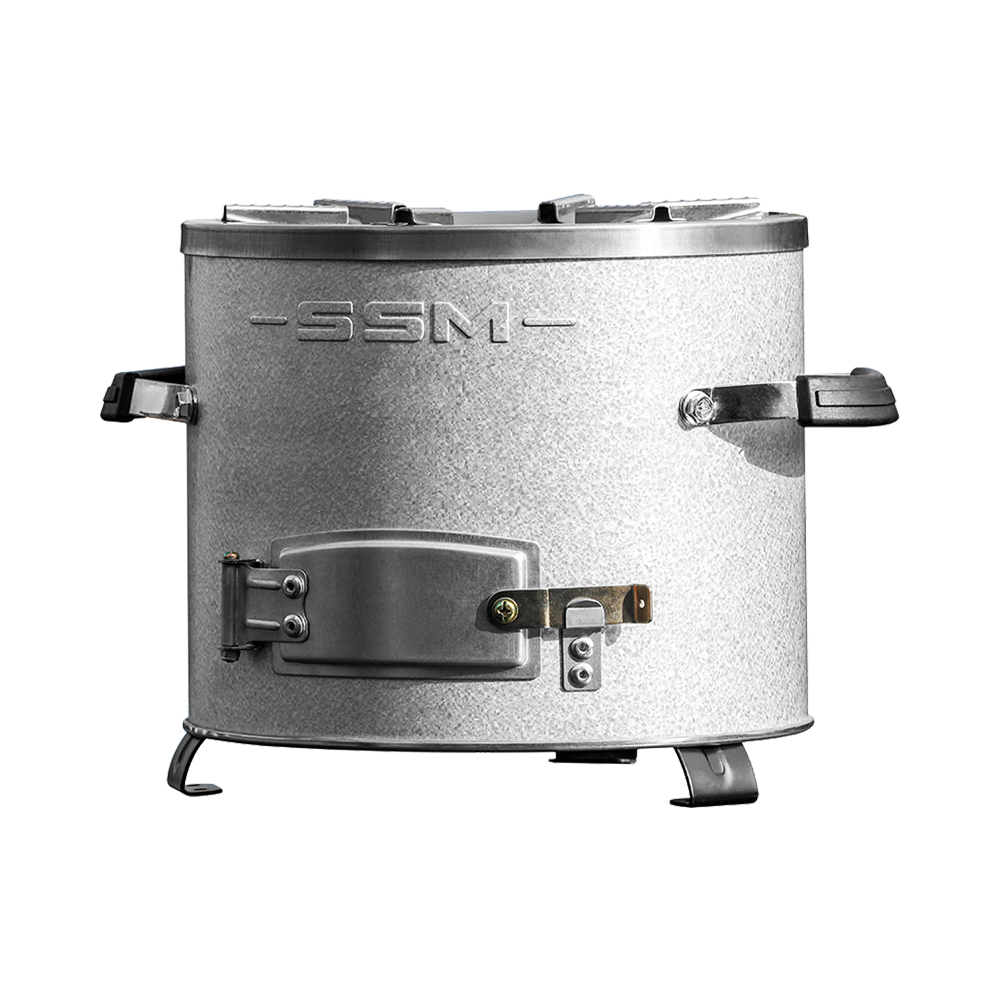 C26-10B aluminized zinc plated portable charcoal stove with secondary air combustion chamber, delivering 46% thermal efficiency and reducing fuel use by 55%.