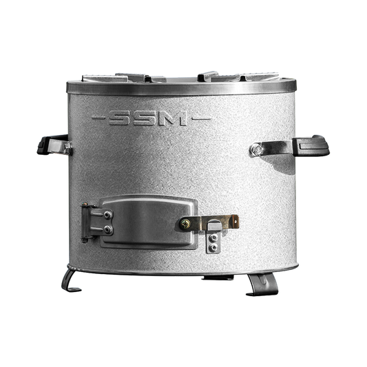 C26-10B aluminized zinc plated portable charcoal stove with secondary air combustion chamber, delivering 46% thermal efficiency and reducing fuel use by 55%.