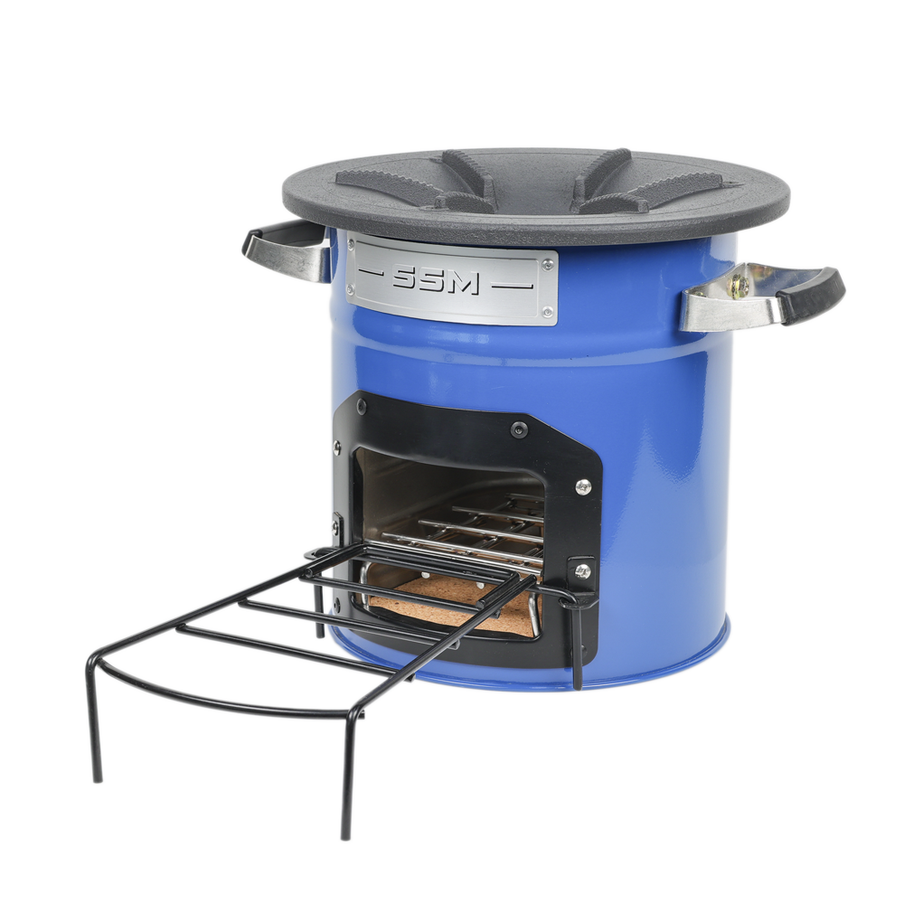 Side profile of the blue S28-X stove, highlighting the scientific design that promotes complete fuel combustion and powerful firepower.