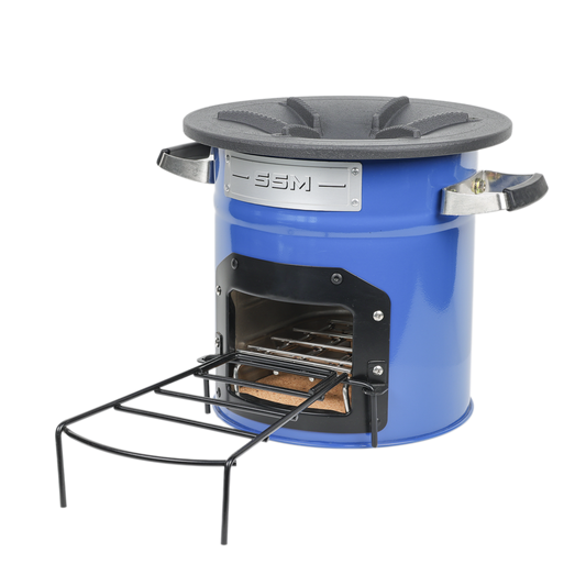Side profile of the blue S28-X stove, highlighting the scientific design that promotes complete fuel combustion and powerful firepower.