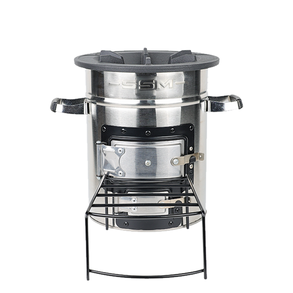 Front view of the stainless steel S26-23 clean cook wood stove, featuring a durable design suitable for outdoor, garden, or camping use.