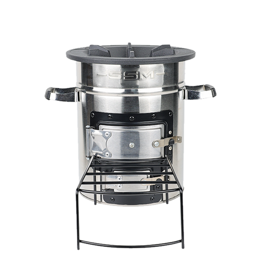 Front view of the stainless steel S26-23 clean cook wood stove, featuring a durable design suitable for outdoor, garden, or camping use.