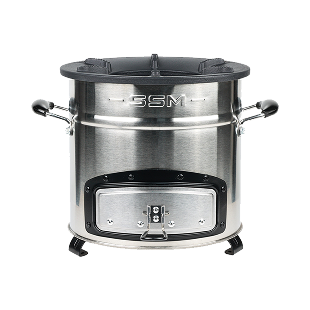 High-efficiency C28-23MAX charcoal stove with a secondary air combustion chamber, designed for the fastest cooking performance and 68% less fuel consumption compared to traditional methods.