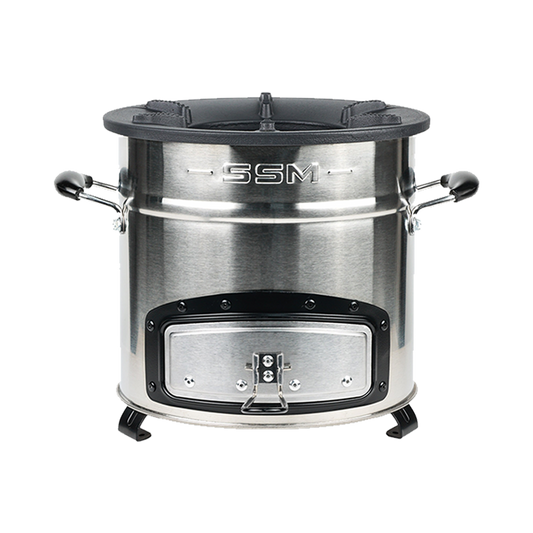 High-efficiency C28-23MAX charcoal stove with a secondary air combustion chamber, designed for the fastest cooking performance and 68% less fuel consumption compared to traditional methods.