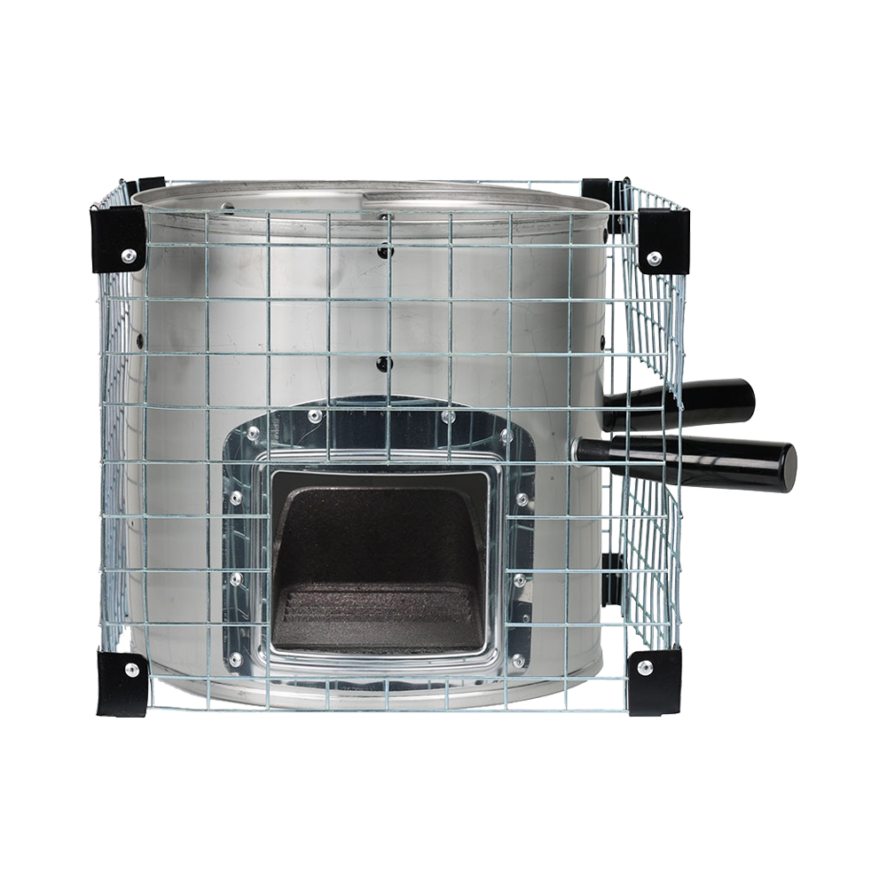 A front view of the Baldwin Stove featuring a protective outer mesh enclosure to prevent accidental scalding during use.