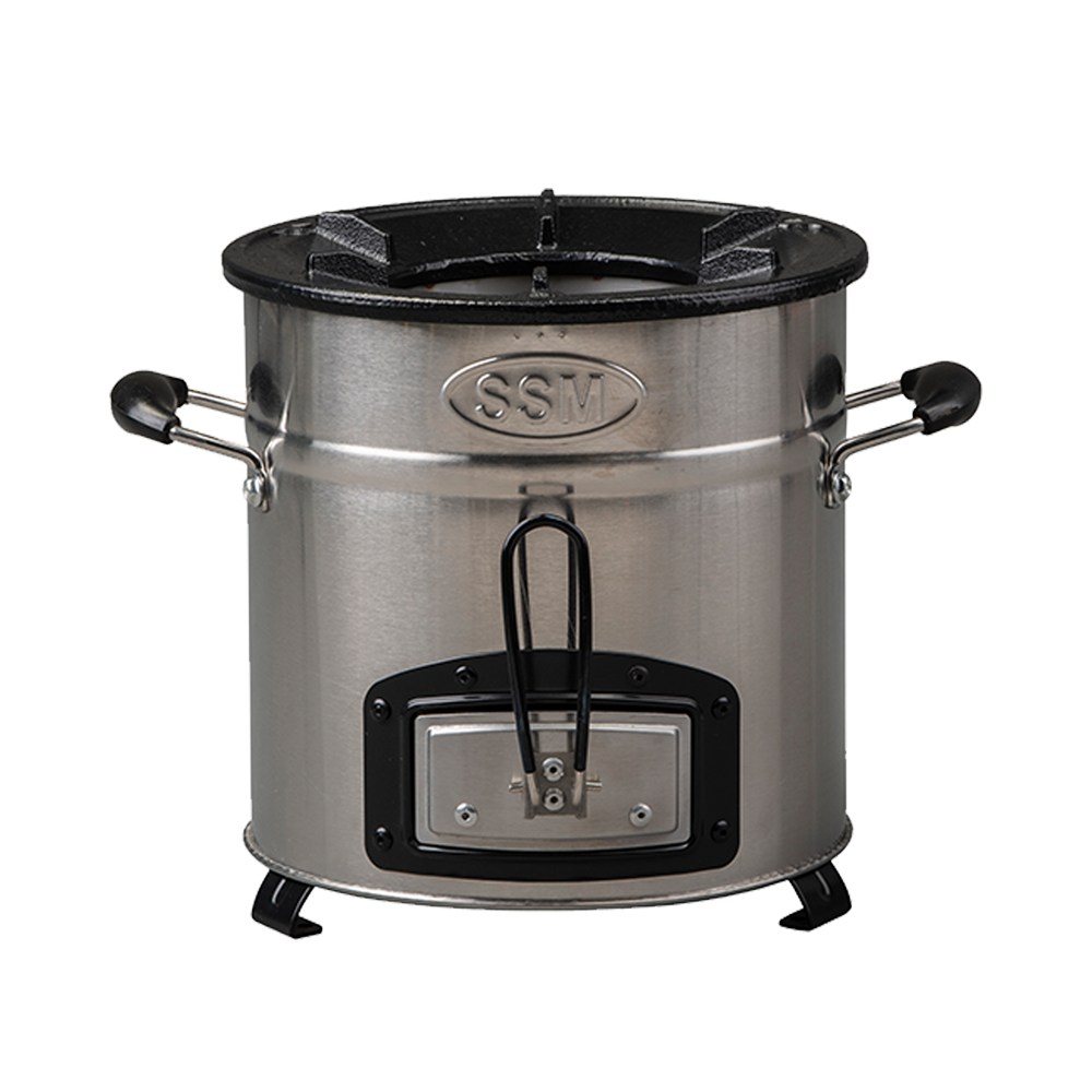 High-efficiency C26-23MAX stainless steel charcoal stove with a secondary air combustion chamber that reduces fuel consumption by 68%.