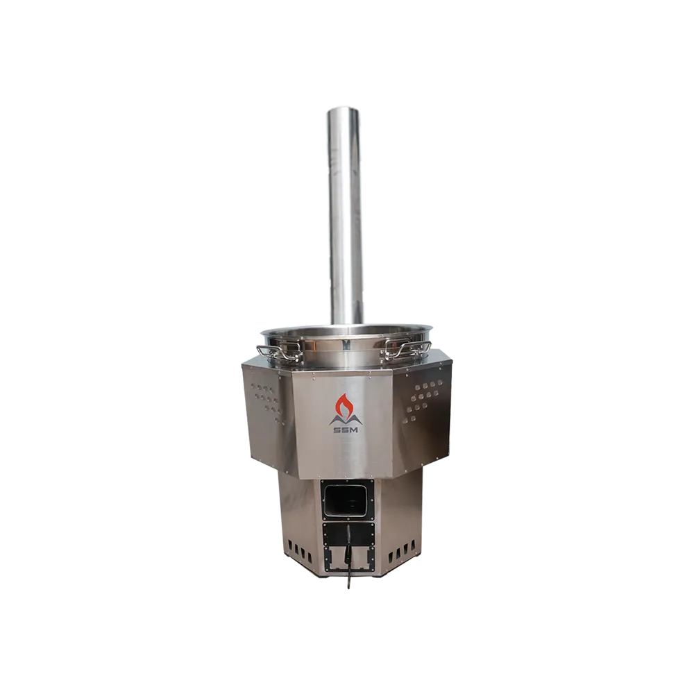 An SSM commercial-grade biomass stove with an integrated 200L cooking pot and vertical chimney, designed for high-volume catering in schools and hospitals.