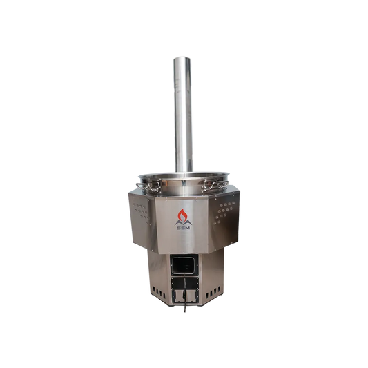 An SSM commercial-grade biomass stove with an integrated 200L cooking pot and vertical chimney, designed for high-volume catering in schools and hospitals.