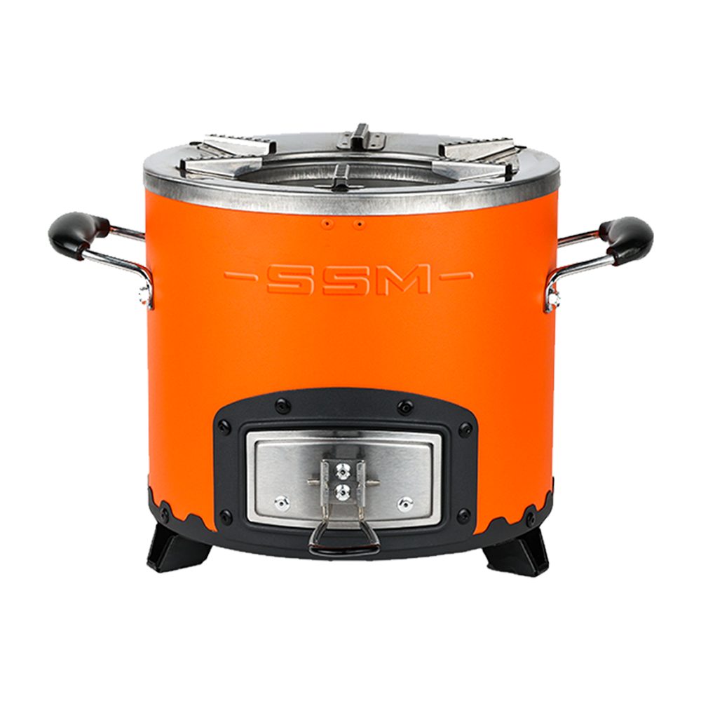 Vibrant orange C26-12 medium-size clean cook charcoal stove with 46.6% thermal efficiency, featuring a portable design and custom color body option.
