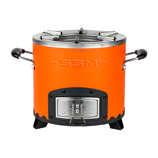Vibrant orange C26-12 medium-size clean cook charcoal stove with 46.6% thermal efficiency, featuring a portable design and custom color body option.