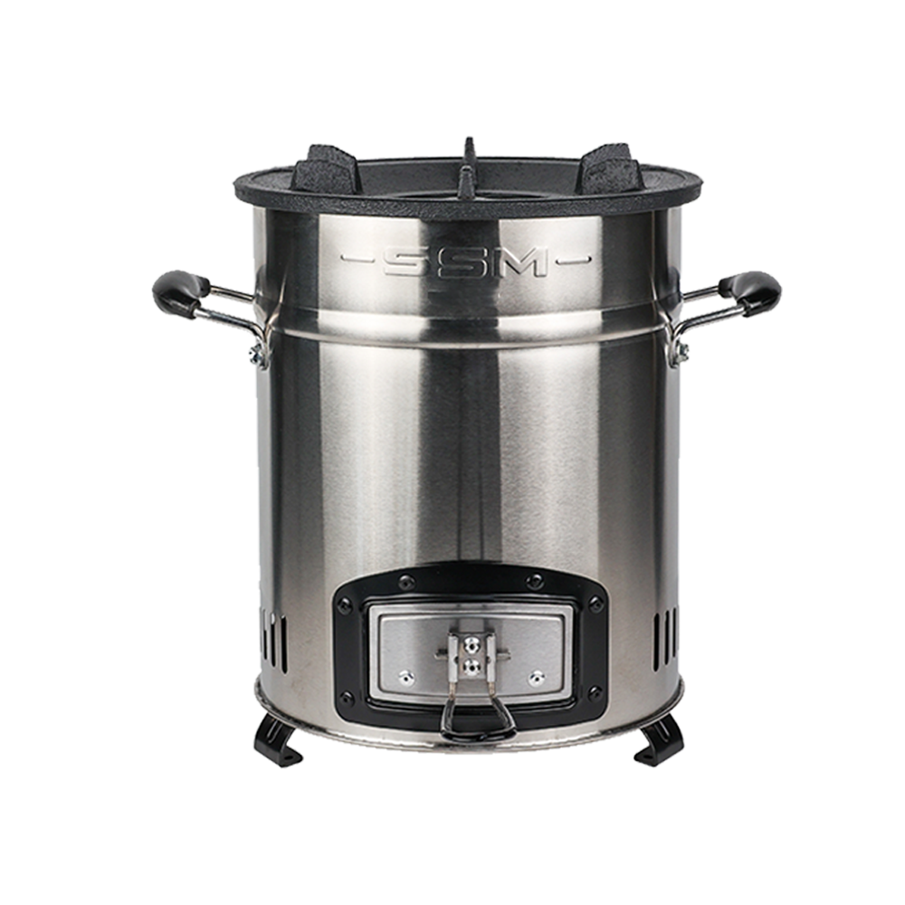 The P-18, a durable and affordable pellet stove by SSM, featuring a 201 stainless steel body and a cast iron stovetop.