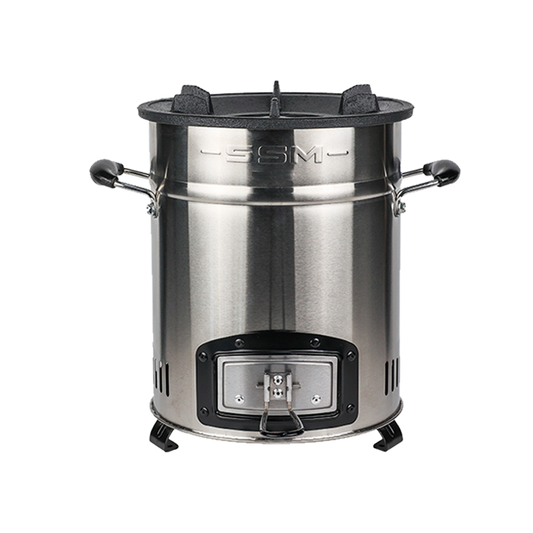 The P-18, a durable and affordable pellet stove by SSM, featuring a 201 stainless steel body and a cast iron stovetop.