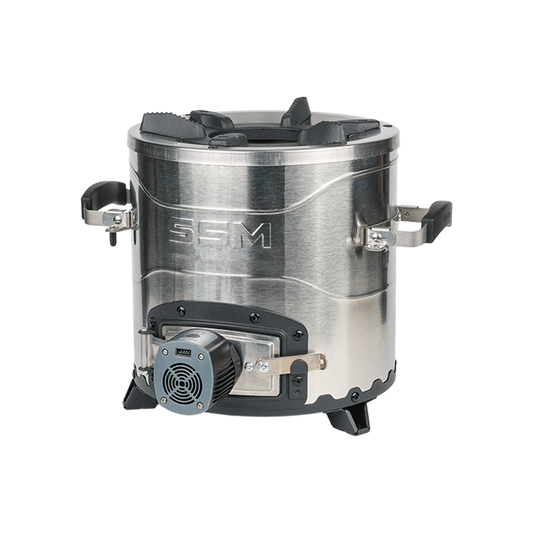 The F-28 fan stove, an upgraded and refined version of the F-18 model featuring enhanced materials and a more attractive body design.