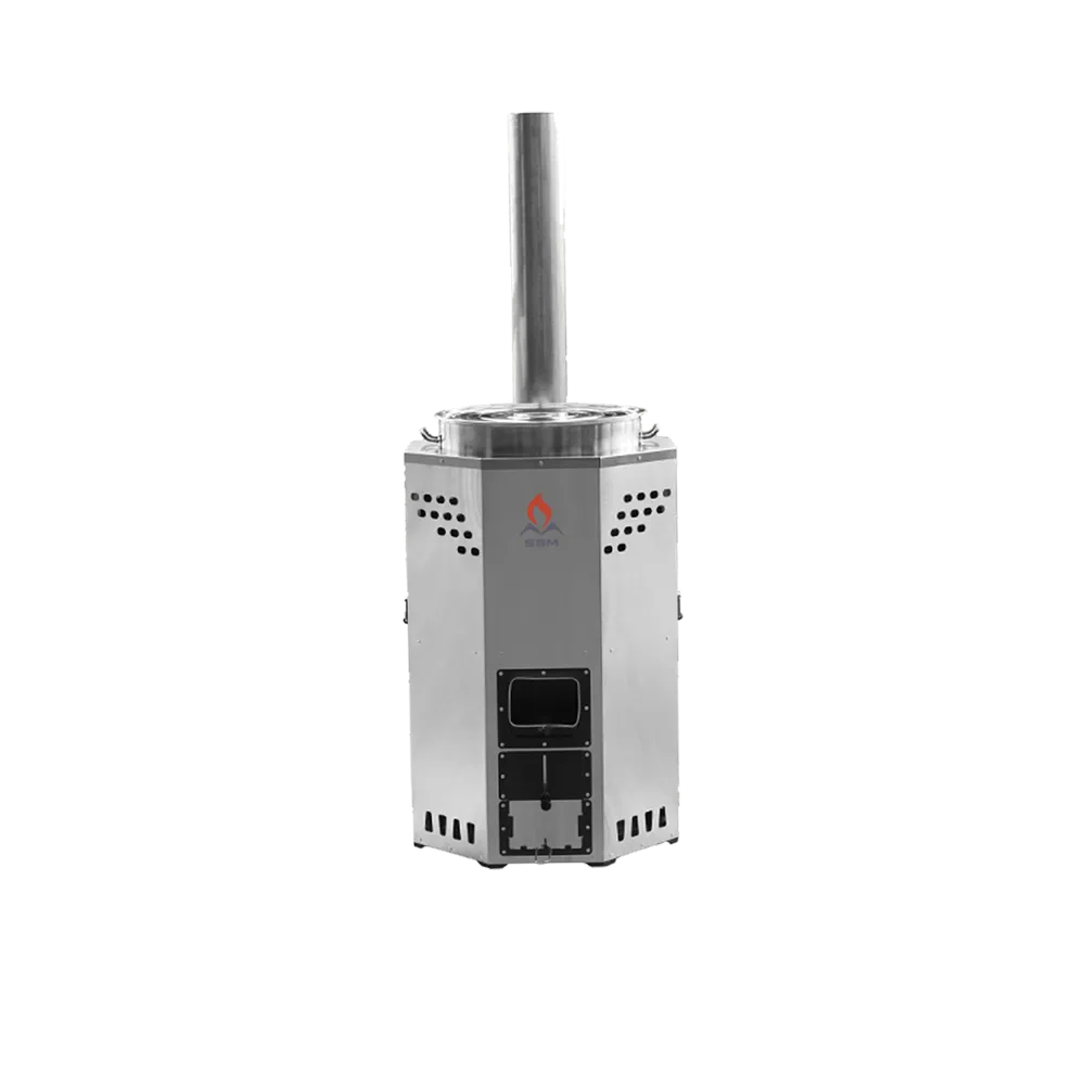An SSM stainless steel institutional biomass stove featuring a built-in vertical chimney against a transparent background.