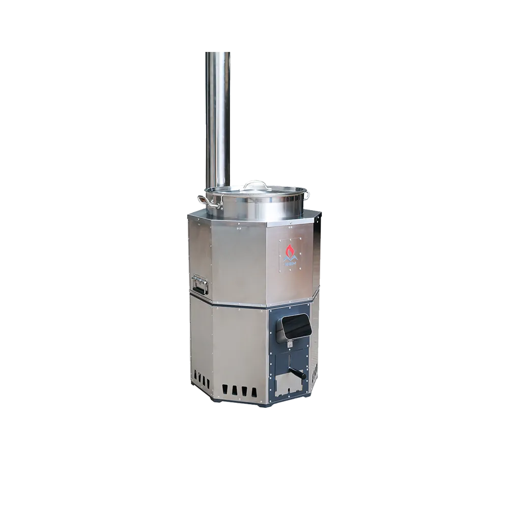 An SSM stainless steel institutional stove with a large 100L cooking pot and a chimney on a transparent background.