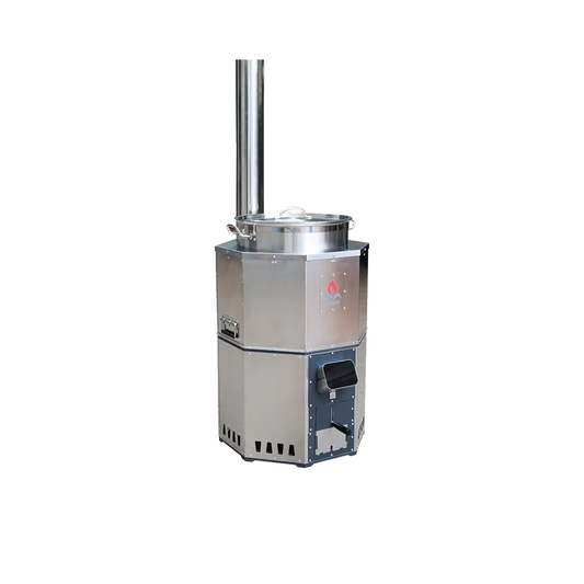 An SSM stainless steel institutional stove with a large 100L cooking pot and a chimney on a transparent background.