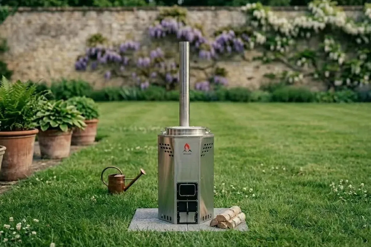 SSM's institutional stove series, featuring a heavy-duty stainless steel rocket stove with a tall chimney, displayed in a spacious garden setting.