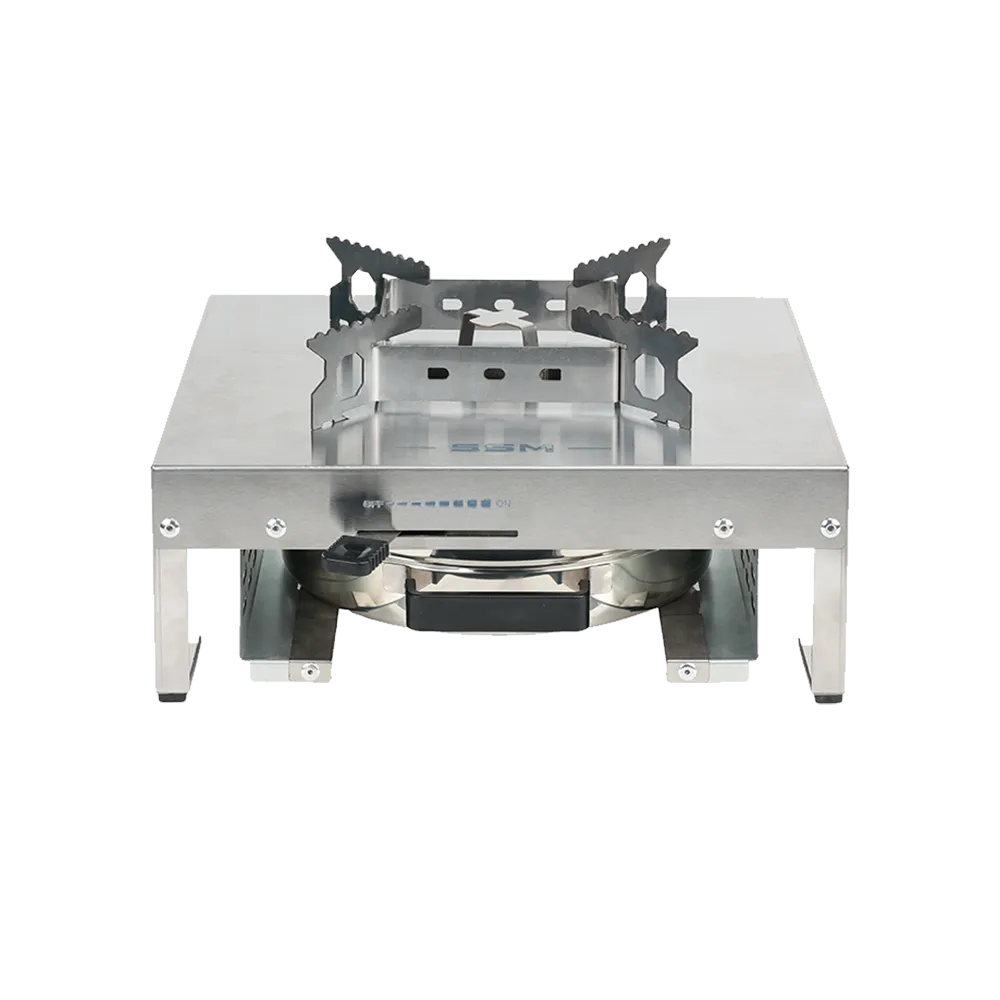 Front view of the ES320 stainless steel single burner stove by SSM, showing the 'OFF-ON' flame adjustment lever, heat-resistant plastic handle, and sturdy tabletop legs.
