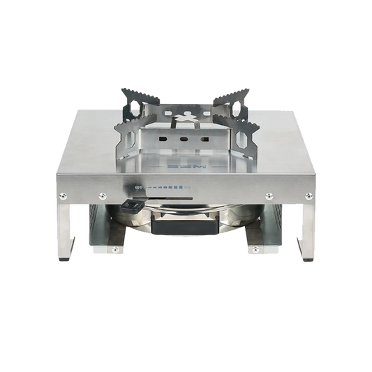 Front view of the ES320 stainless steel single burner stove by SSM, showing the 'OFF-ON' flame adjustment lever, heat-resistant plastic handle, and sturdy tabletop legs.