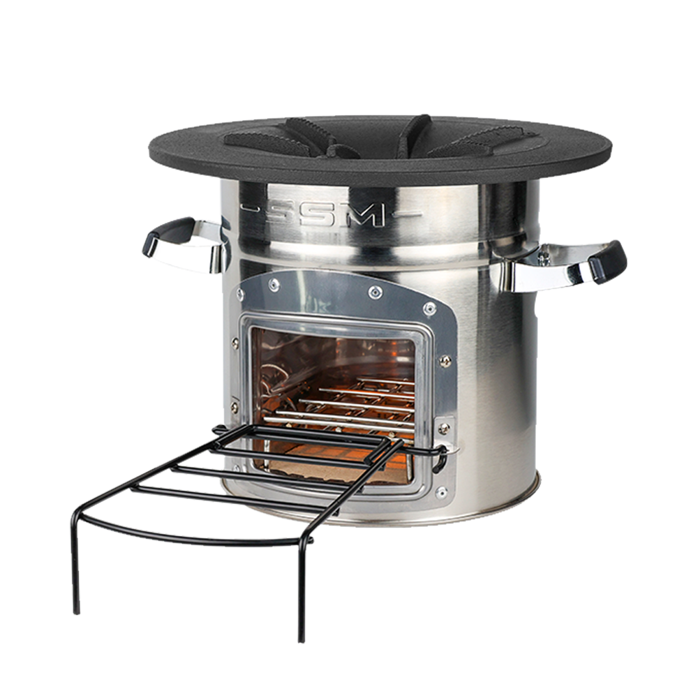 Side profile of the S32-X stove, showcasing its efficient combustion chamber design that protects the environment by improving overall fuel efficiency.